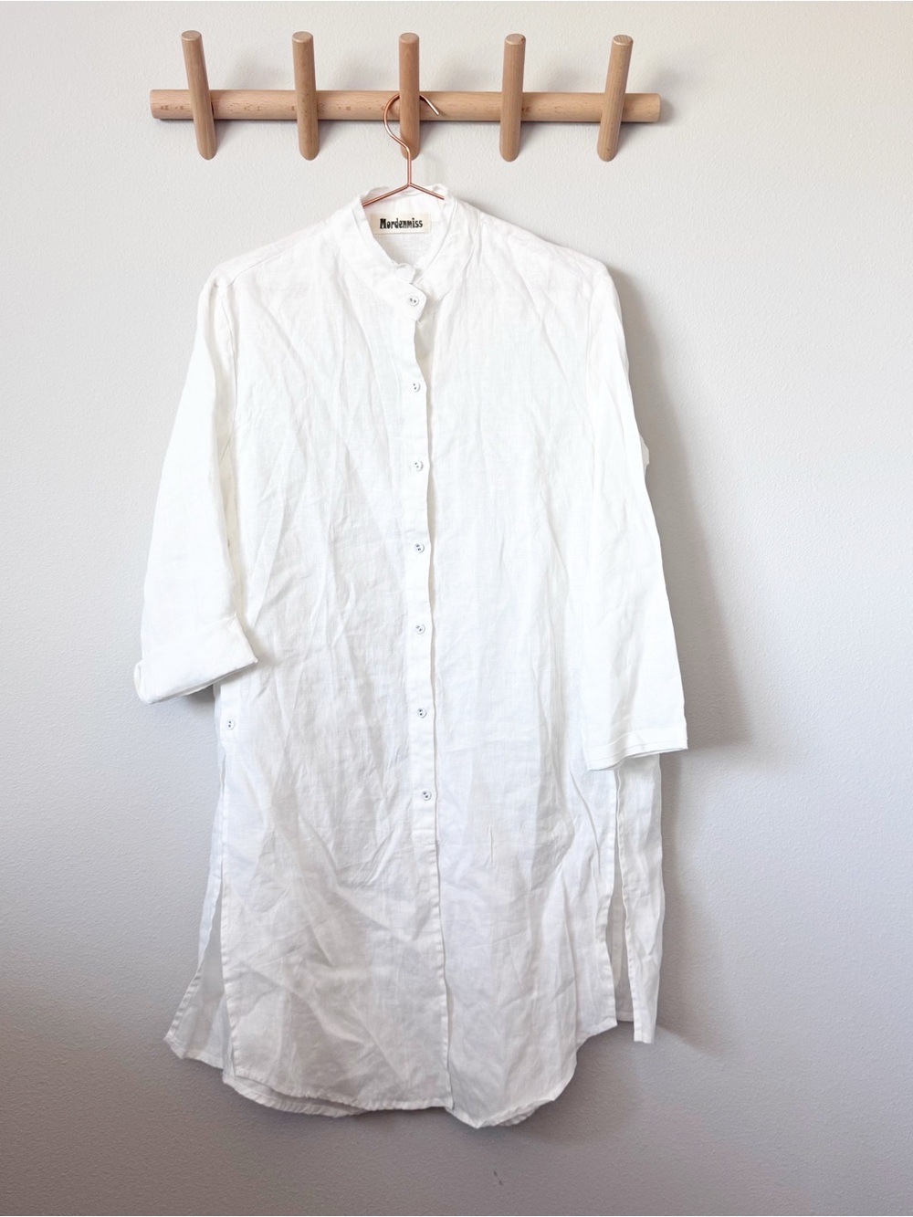 Mordenmiss Mandarin Collar White Linen Shirt Dress